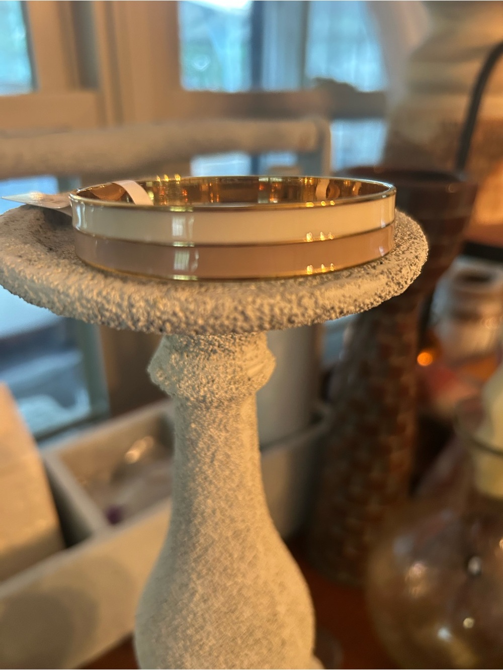 Gold-Tone Bangle Bracelet with Cream and Beige Enamel NWOT